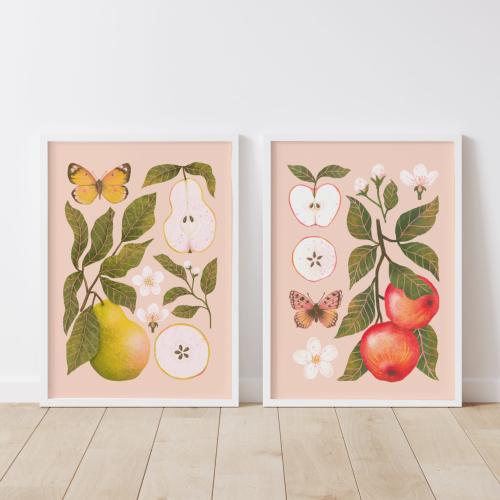 Zestaw "Jabłka" i "Gruszki" -różowe tło