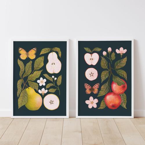 Zestaw "Jabłka" i "Gruszki" -granatowe tło