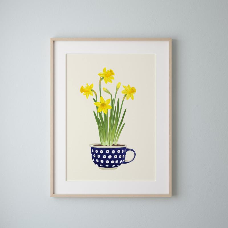 Narcyzy plakat botaniczzny niebieska ściana.jpg